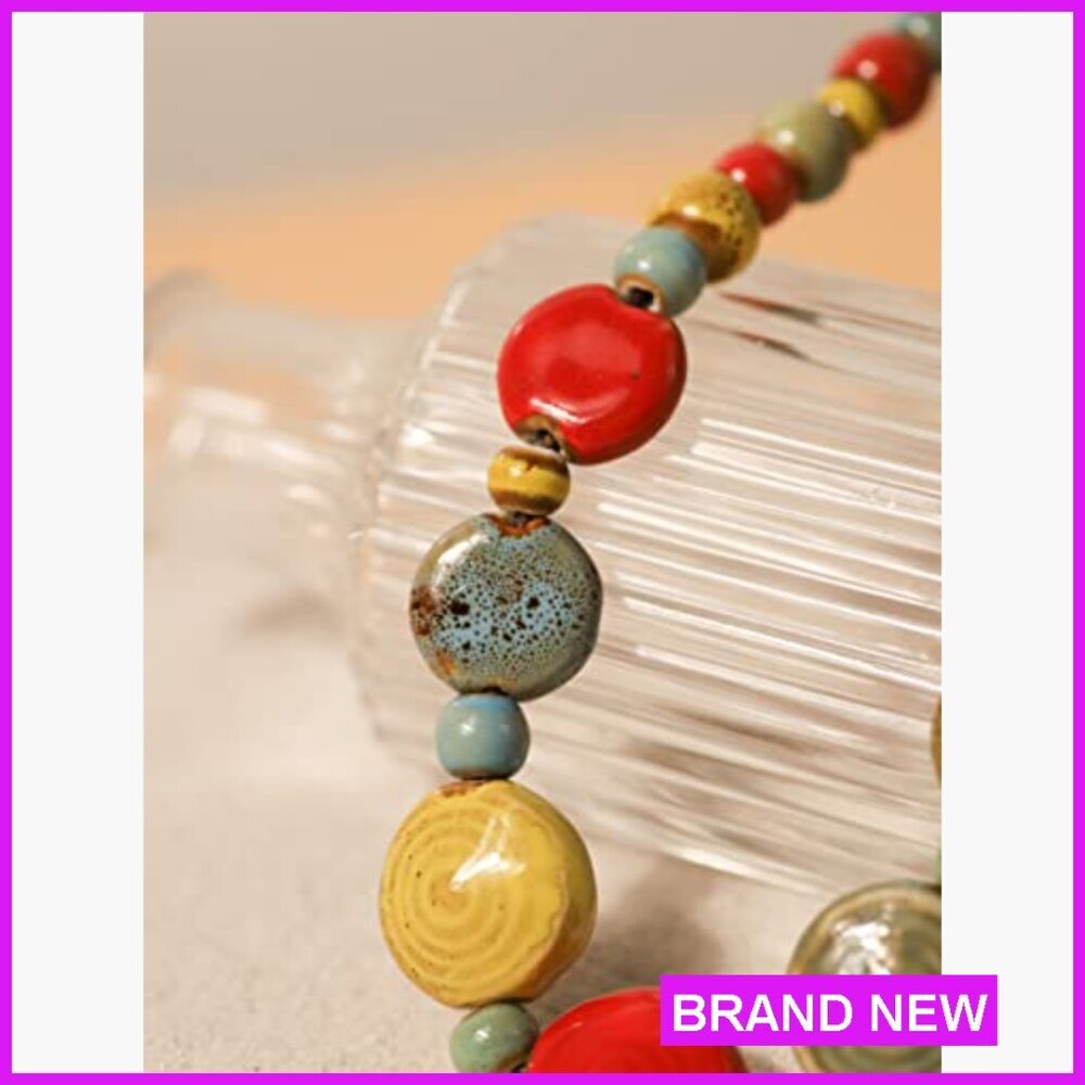 Boho Ceramic Bead Strand Necklace Adjustable Cord Vintage Bohemian Jewelry - Picture 4 of 6